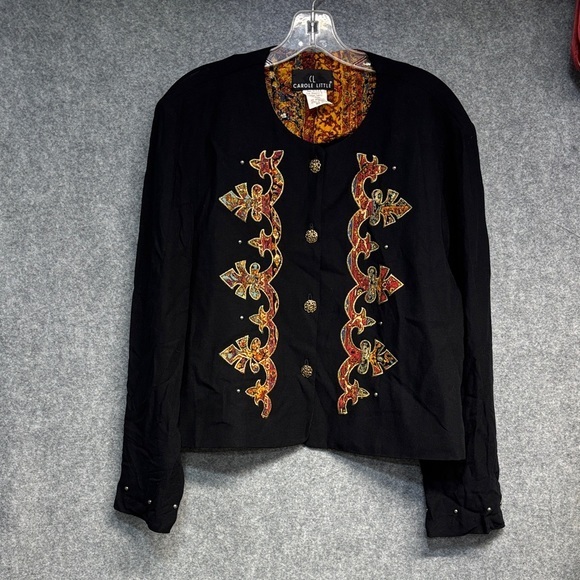 Carole Little Black Jacket With Red And Gold Embroidered Studded Accents Blazer